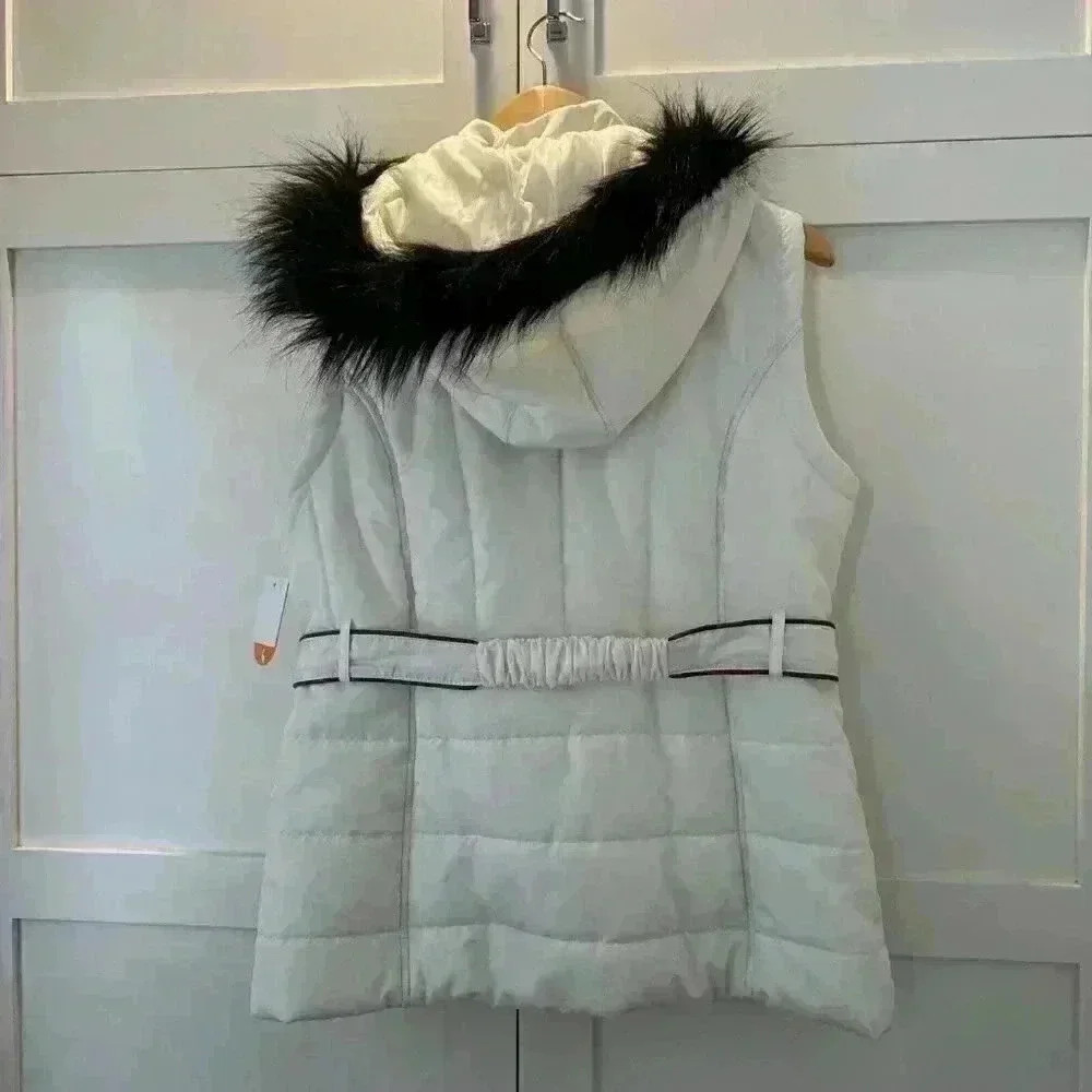 Sporto Women’s Puffer Vest Cream Faux Fur Trim Hooded Drawstring Size Medium NWT - Picture 13 of 13